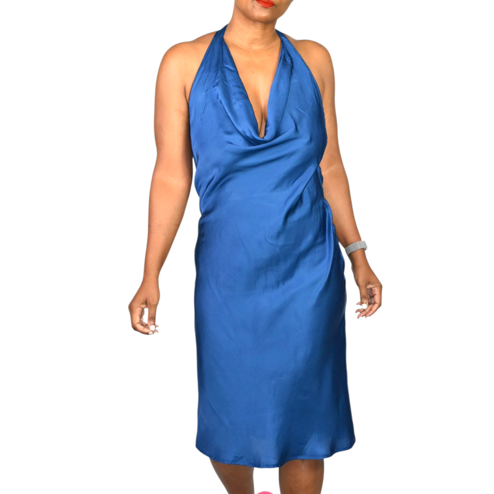 Young Fabulous Broke Rebel Slip Dress Blue Halter Midi Rayon Draped Satin Small